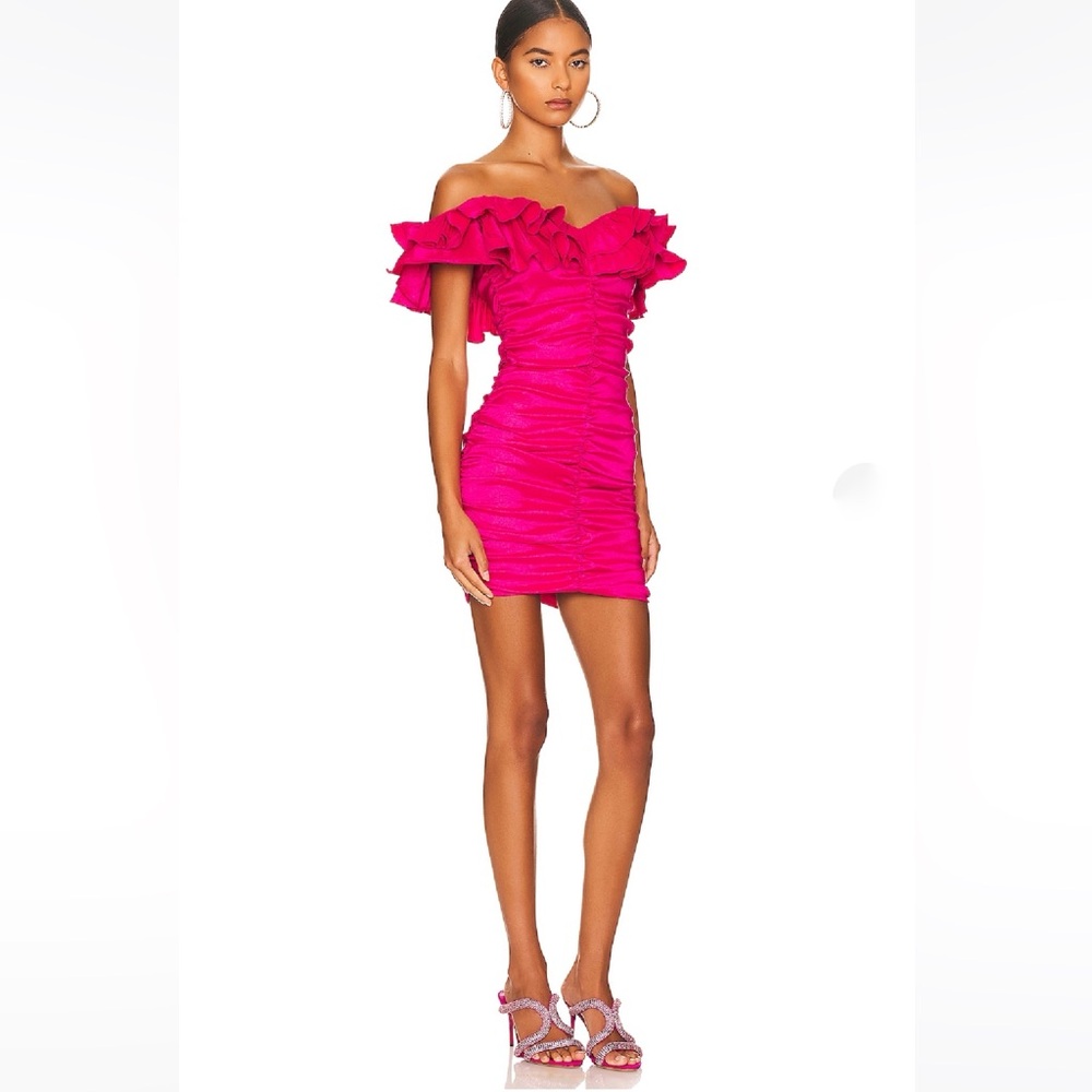 NWT Lovers + Friends Nikolina Ruffles Off-Shoulder Ruched Dress in Magenta Sz S - Picture 4 of 15